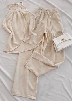 Bej Ön Kruvaze Detay Keten Pantolon Takım