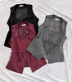 Gri Ön Bağlama Detay Keten Yelek