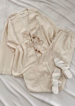 Bej Kimono Keten Takım