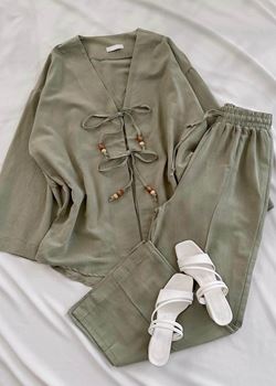 Yeşil Kimono Keten Takım