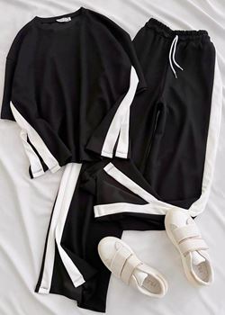 Siyah Şerit Modal Yırtmaç Detay Takım