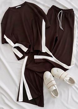 Kahverengi Şerit Modal Yırtmaç Detay Takım