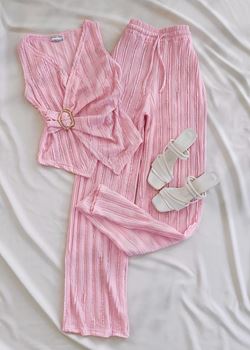 Pembe Dokulu Tokalı Bel Detay Takım