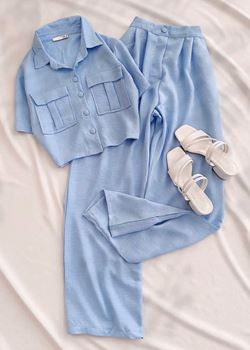 Mavi Gömlek Pantolon Keten Takım