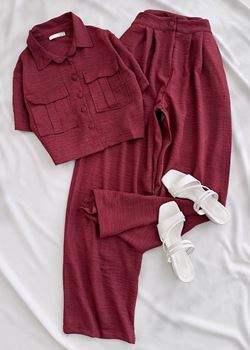Bordo Gömlek Pantolon Keten Takım