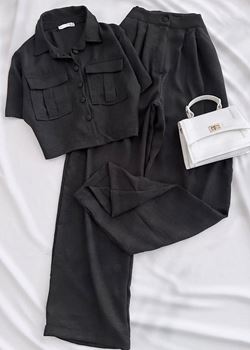 Siyah Gömlek Pantolon Keten Takım