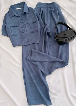 İndigo Gömlek Pantolon Keten Takım