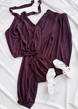 Bordo Sırt Dekolte Şalvar Takım