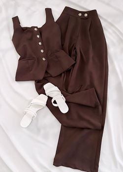 Kahverengi Sırt Bağlama Detay Yelek Takım