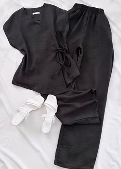 Siyah Yan Bağlama Detay Keten Takım