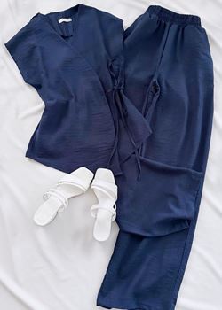 Lacivert Yan Bağlama Detay Keten Takım