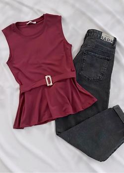 Bordo Aksesuar Detay Bluz