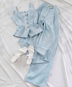 Mavi Sırt Bağlama Detay Yelek Takım