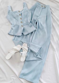 Mavi Sırt Bağlama Detay Yelek Takım