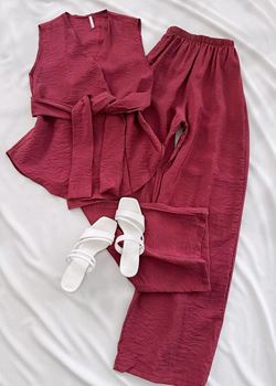 Bordo Kuşak Detay Kruvaze Takım