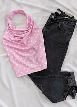 Pembe Puantiye Desen Degaje Yaka Bluz