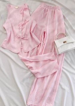Pembe Astarlı Asimetrik Kesim Yelek Pantolon Takım