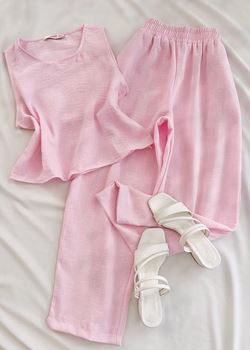Pembe Havuç Pantolon Keten Takım