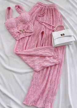 Pembe Toka Detay Desenli Pantolon Takım