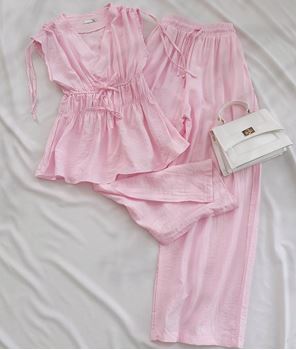 Pembe Omuz İpli Büzgülü Takım