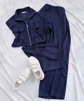 Lacivert Cep Detay Crop Oversize Kesim Takım
