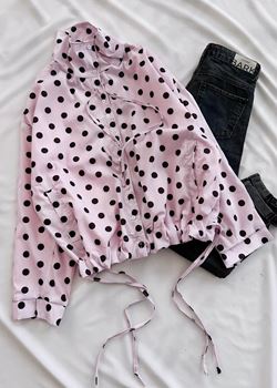 Pembe Puantiyeli Astarlı Bel Bağlamalı Ceket